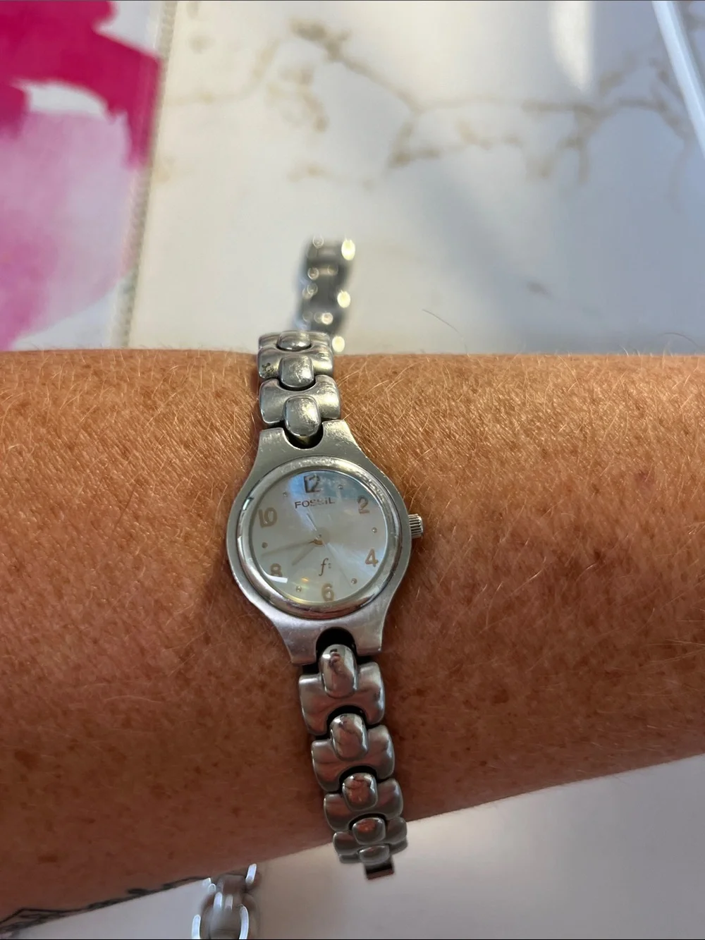 2 F2 Fossil Silver Link Bracelet Watches with Blue and iridescent Dials
